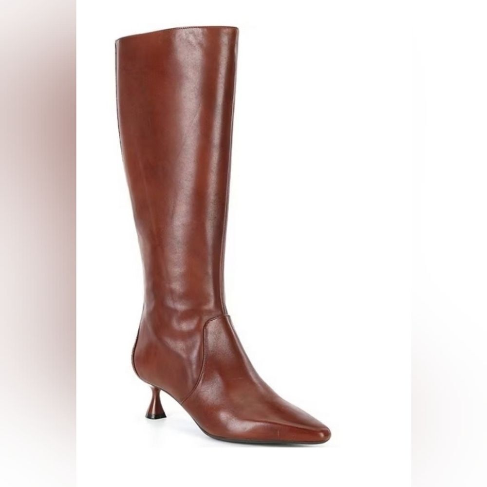NEW Brown Leather Pointy Toe Croc Emboss Back Kitten Heel Tall Boot Alex Marie